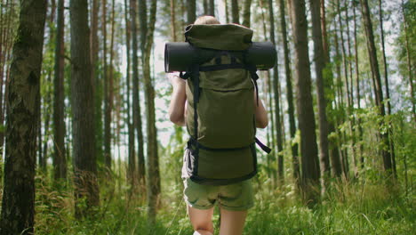 A-close-up-of-a-woman-leg-a-view-from-the-back-of-a-woman-walks-along-a-forest-road-with-a-backpack-through-a-pine-forest-through-the-grass